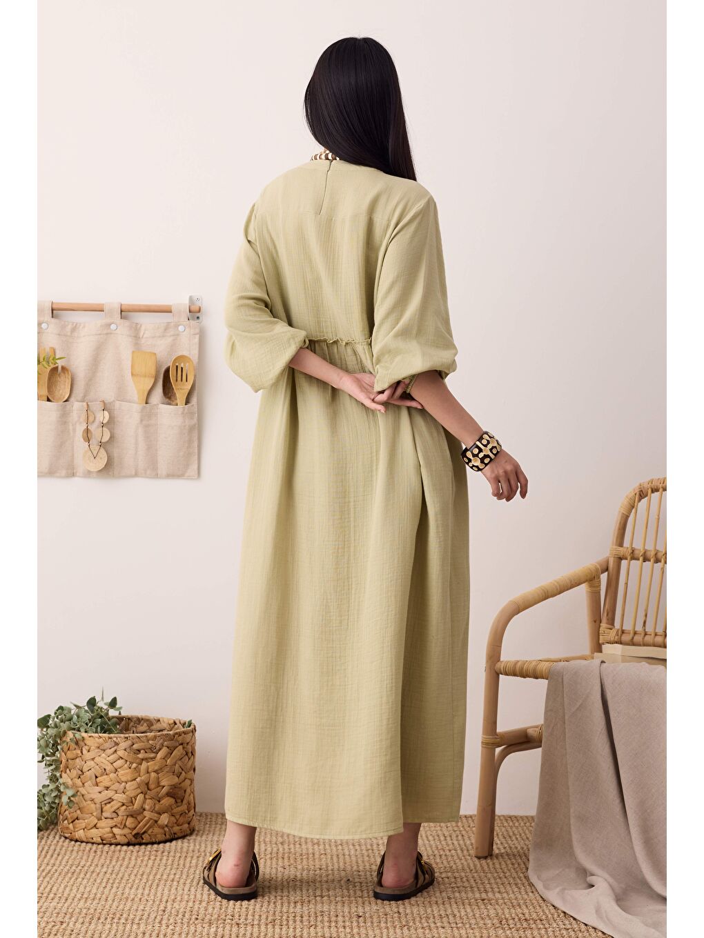 Yeşil Müslin Elbise Açık Adaçayı-2