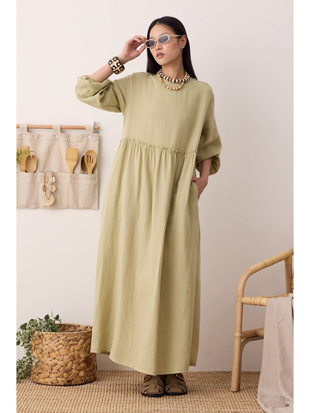 Yeşil Müslin Elbise Açık Adaçayı-3