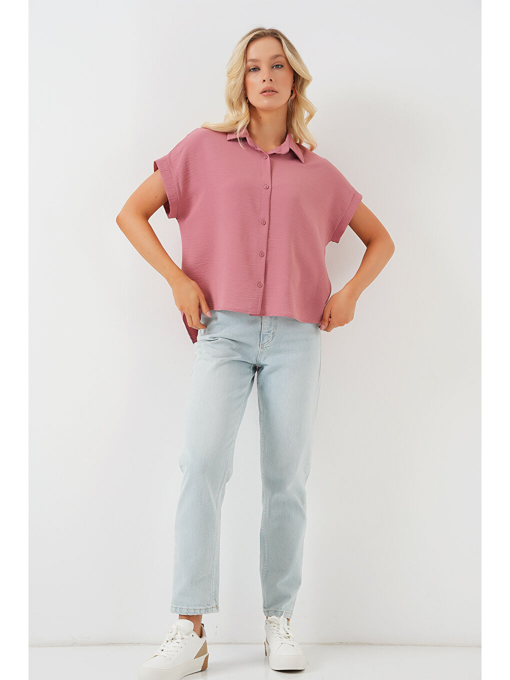 Kadın Oversize Kısa Kol Gömlek 20322 - Pembe-1