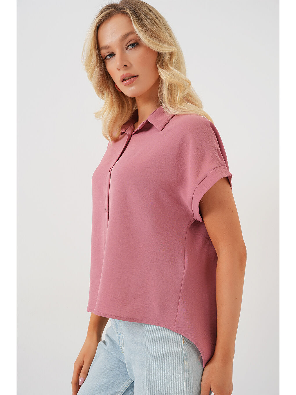 Kadın Oversize Kısa Kol Gömlek 20322 - Pembe-2