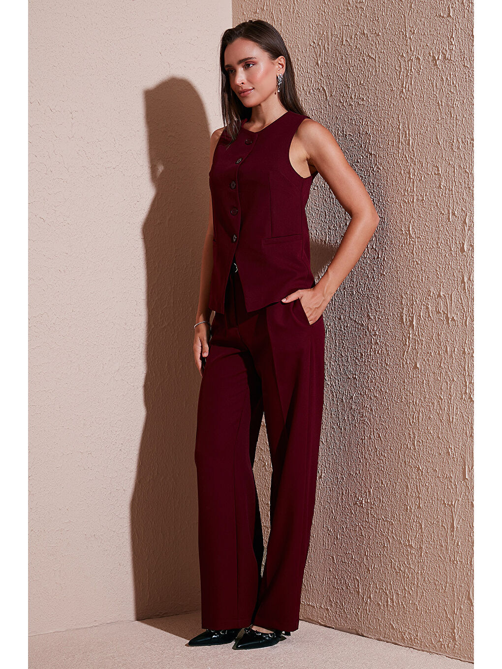 Bordo Wide Leg Yüksek Bel Geniş Paça Palazzo Pantolon 65271262