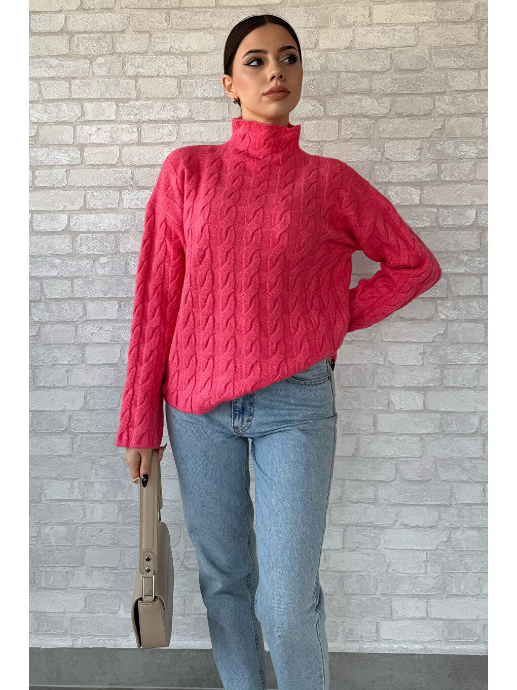 Pembe Yarım Balıkçı Yaka Desenli Kadın Triko Kazak-1