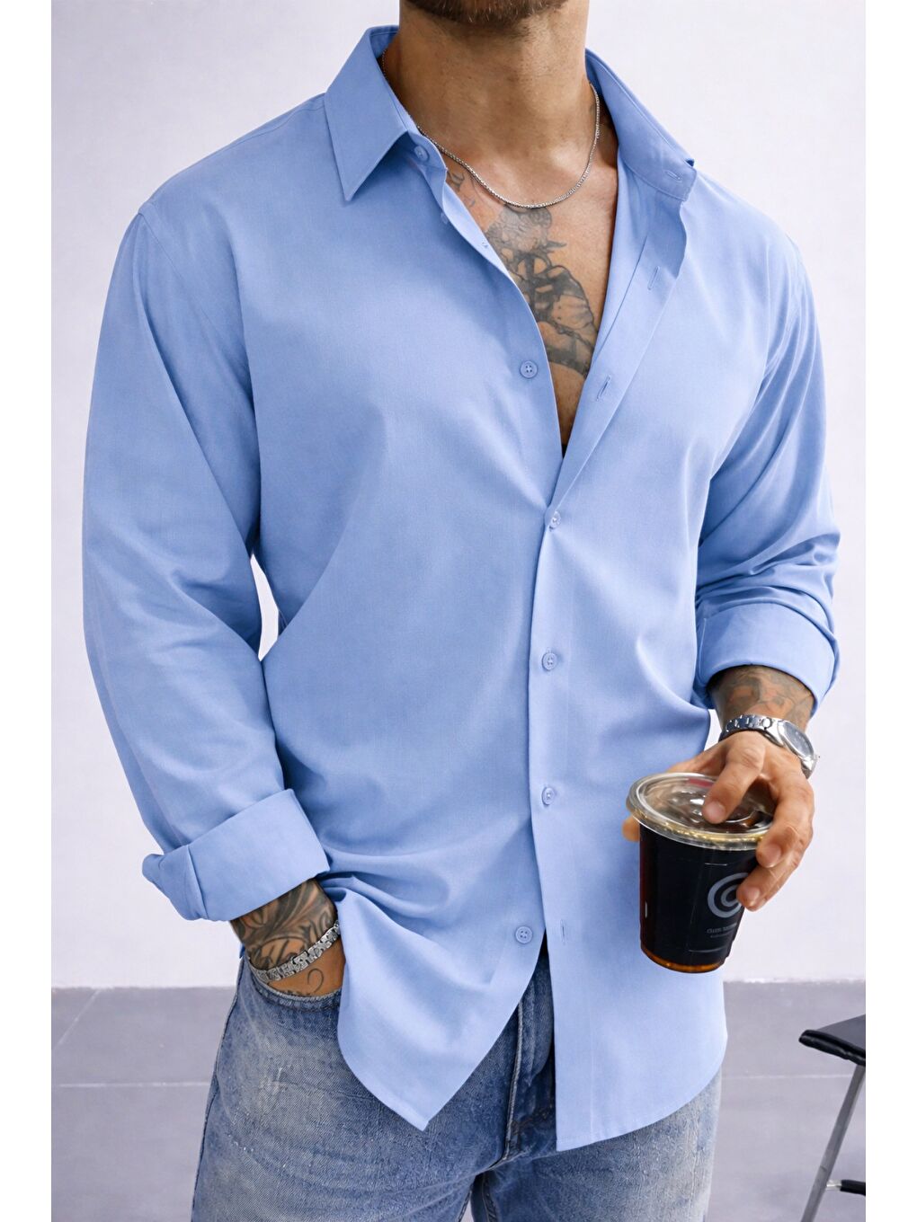 Mavi Keten Görünümlü Yarım Oversize Uzun kollu Erkek Gömlek
