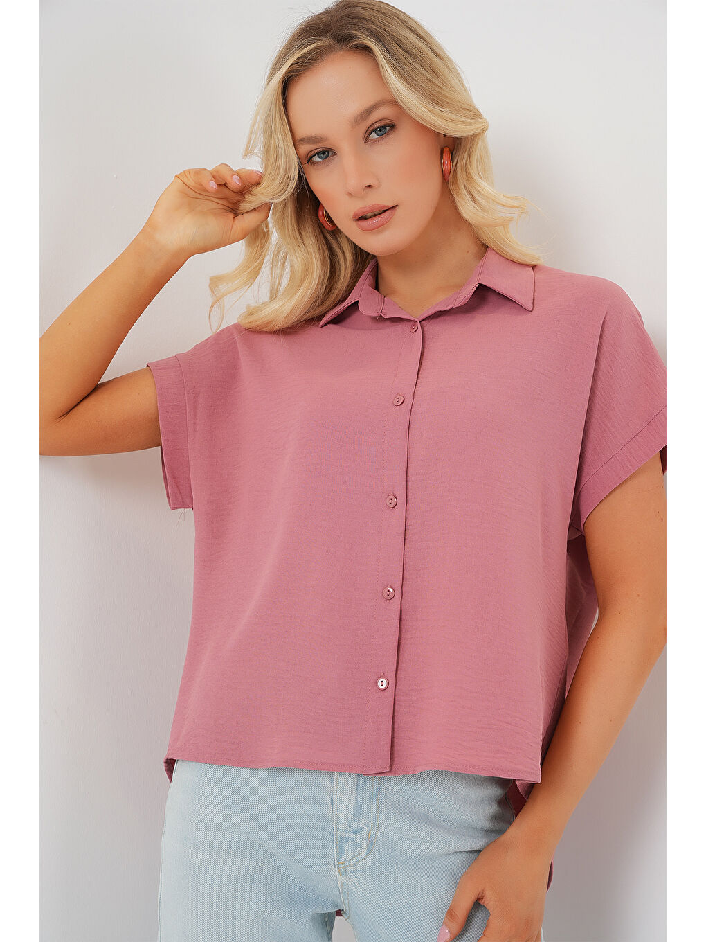Kadın Oversize Kısa Kol Gömlek 20322 - Pembe-3