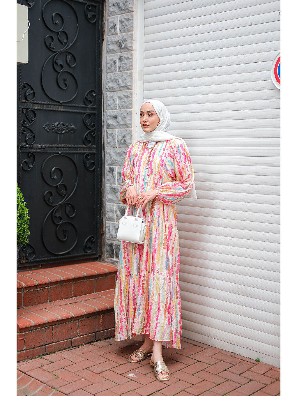 Kadın Boncuk Desen Elbise Pembe-1