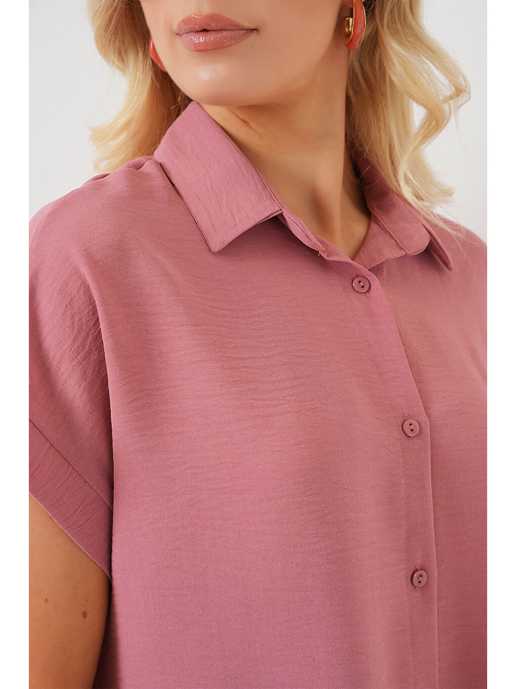Kadın Oversize Kısa Kol Gömlek 20322 - Pembe-4