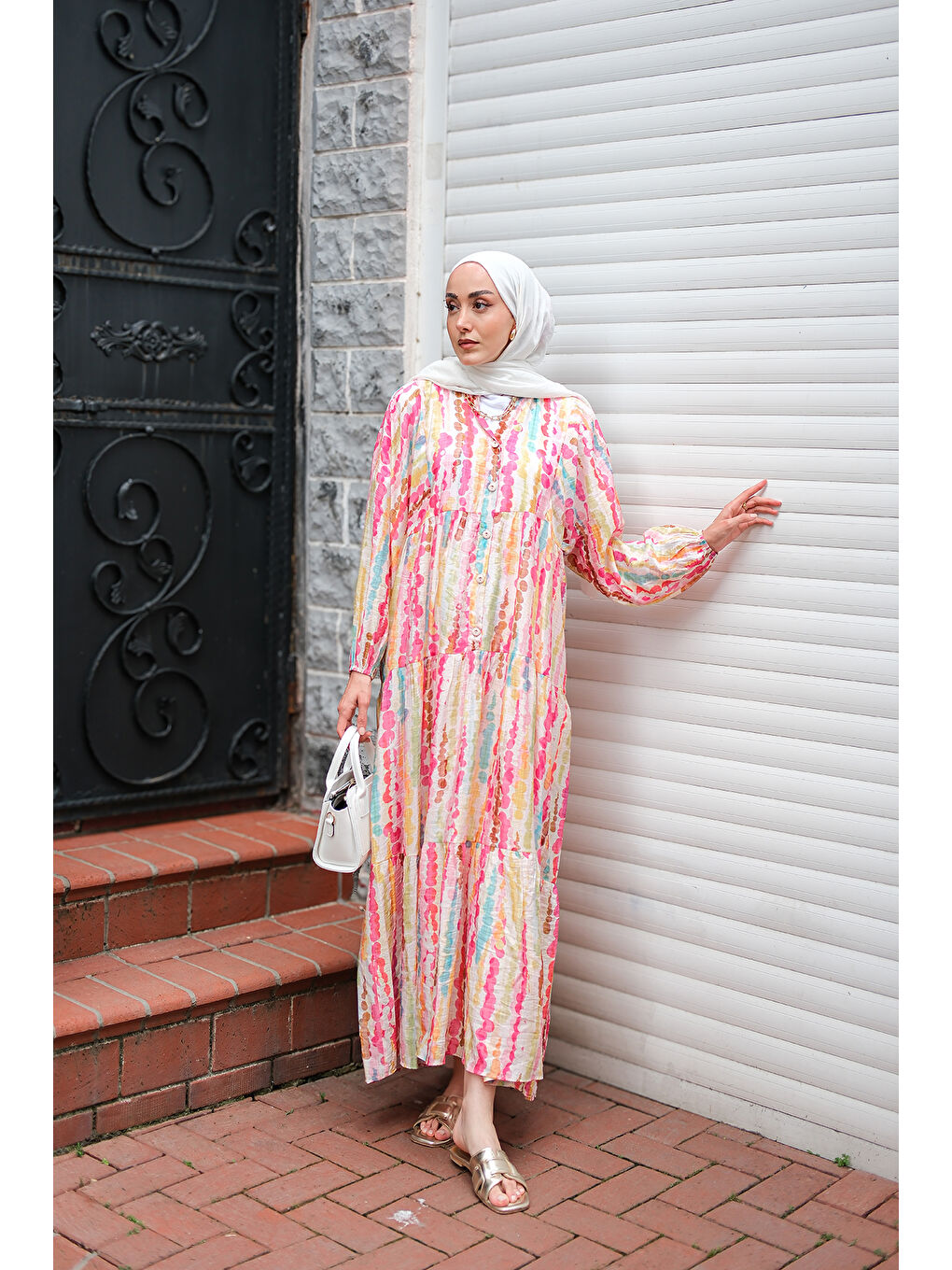 Kadın Boncuk Desen Elbise Pembe-2