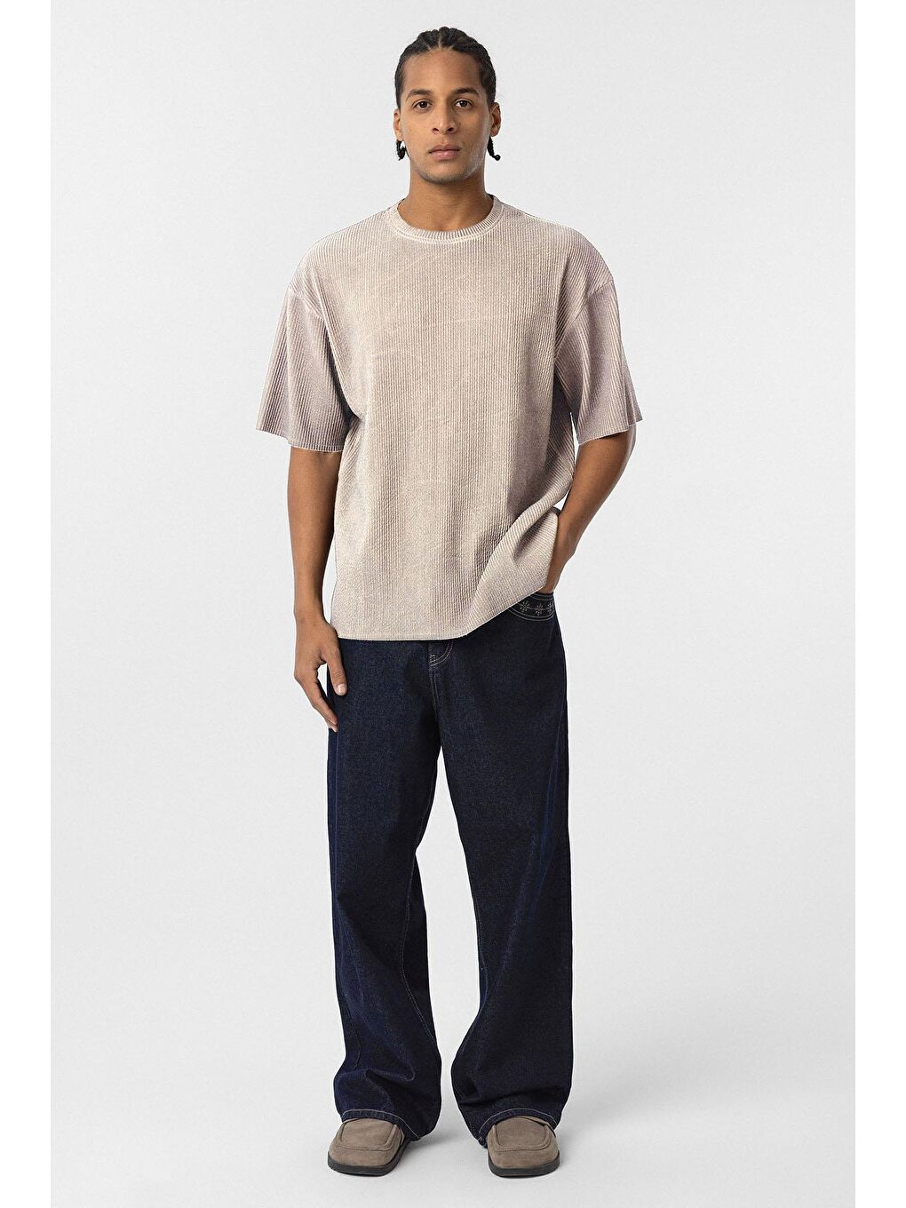 Bej Yıkamalı Ottoman Basic Oversize Tişört Taş