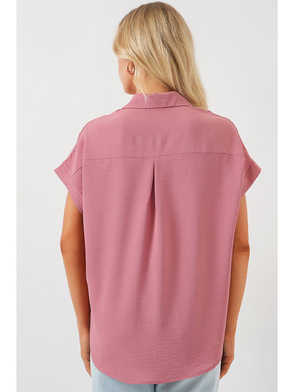 Kadın Oversize Kısa Kol Gömlek 20322 - Pembe-5