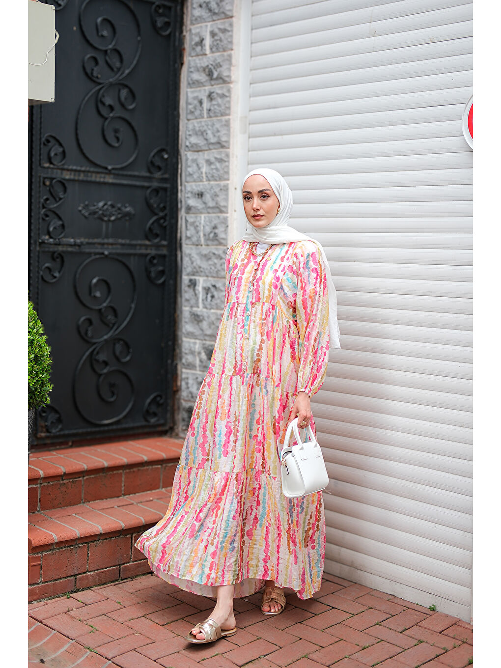 Kadın Boncuk Desen Elbise Pembe-3