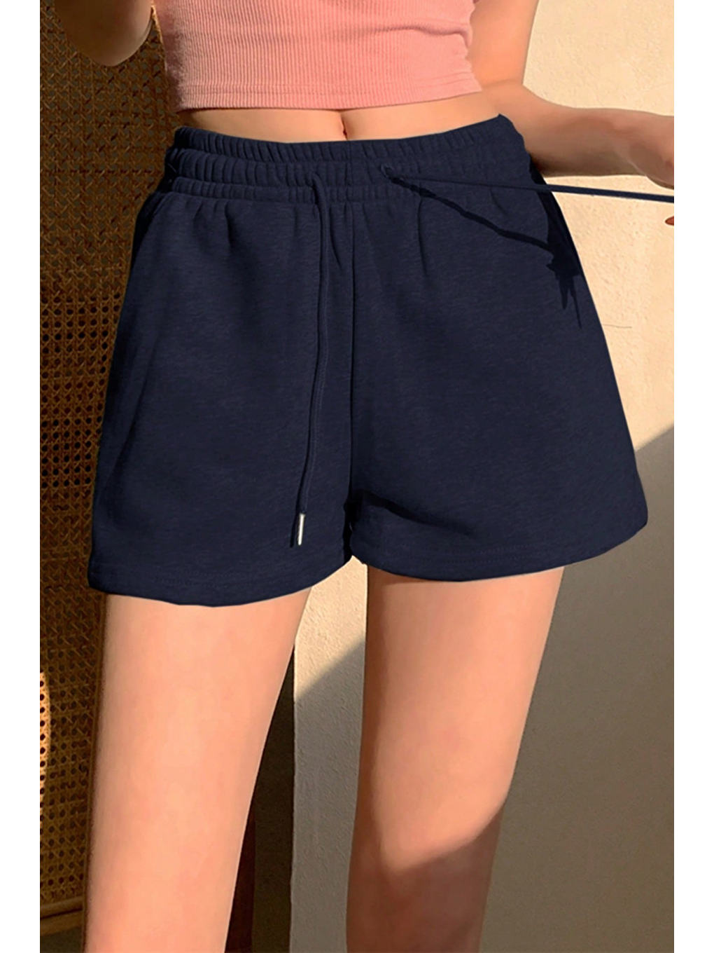 Kadın Lacivert Pamuklu İki İplik Şardonlu Yumuşacık Beli Gipe Lastikli Kısa Şort-1