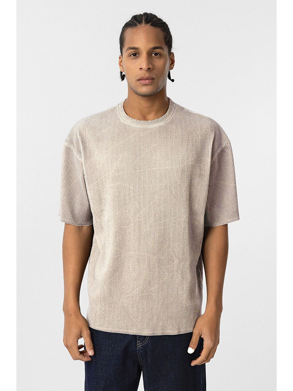 Bej Yıkamalı Ottoman Basic Oversize Tişört Taş-2