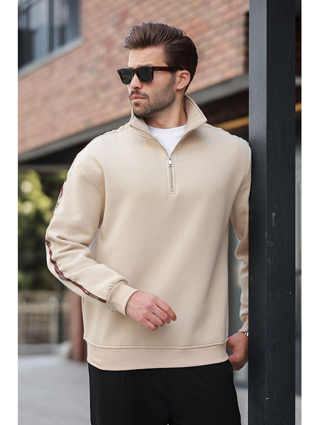 Bej Kahverengi Fermuarlı Dik Yaka Erkek Sweatshirt E7164-1