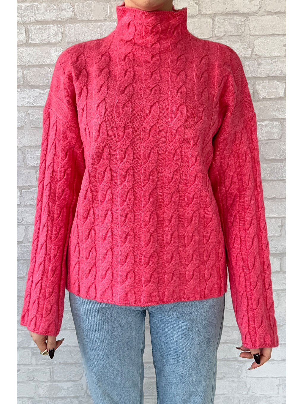 Pembe Yarım Balıkçı Yaka Desenli Kadın Triko Kazak-2