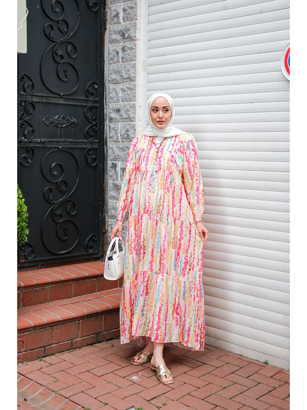 Kadın Boncuk Desen Elbise Pembe-4