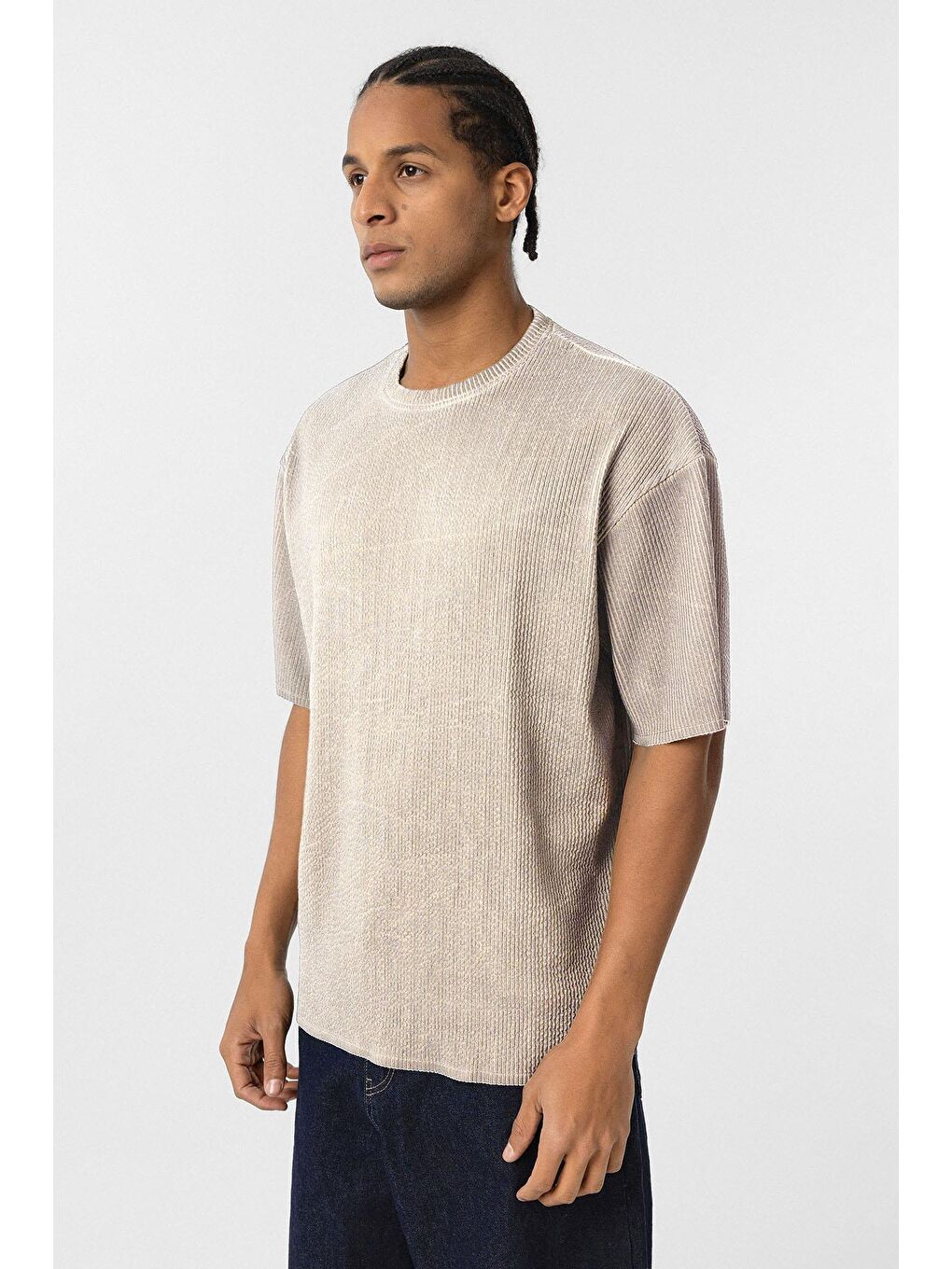 Bej Yıkamalı Ottoman Basic Oversize Tişört Taş-3