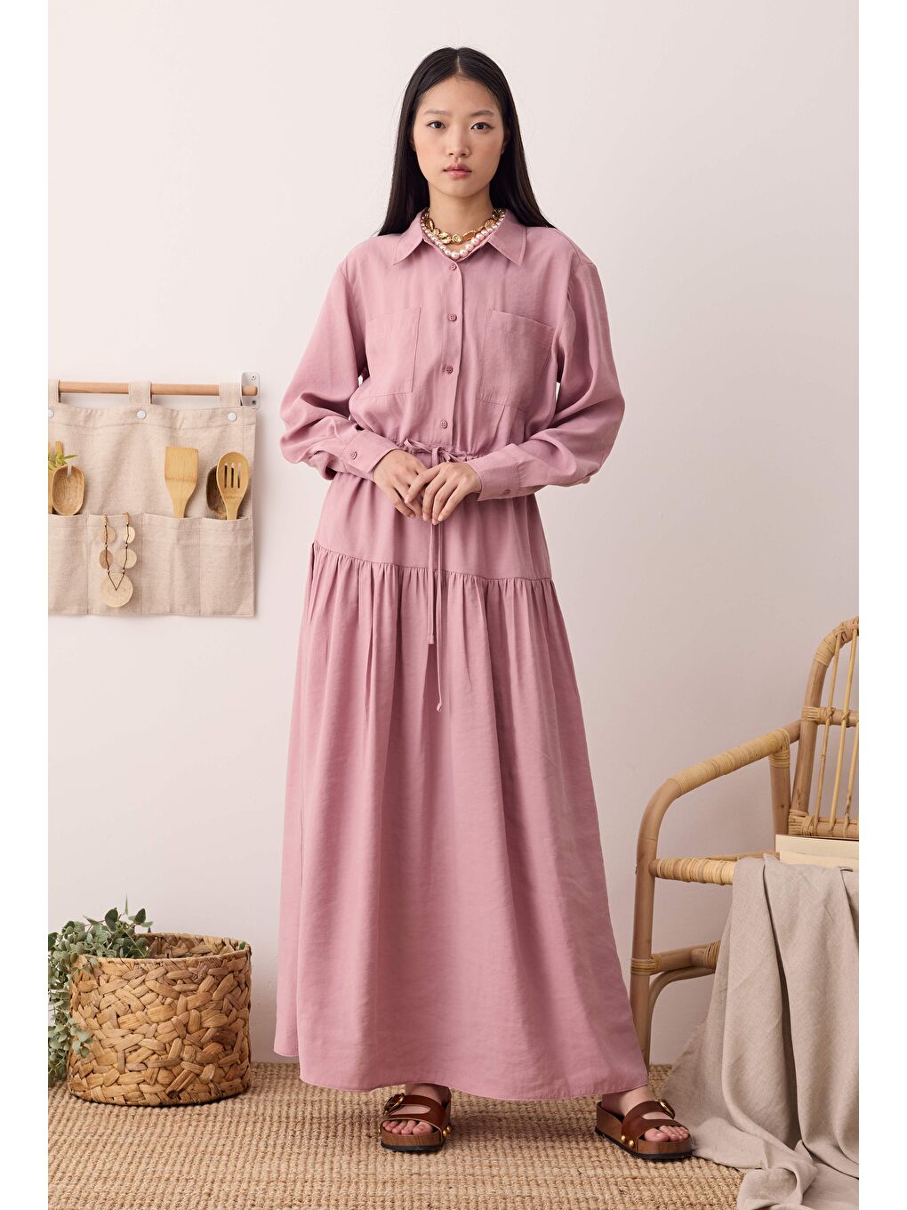 Pembe Büzgülü Modal Elbise Gül Kurusu