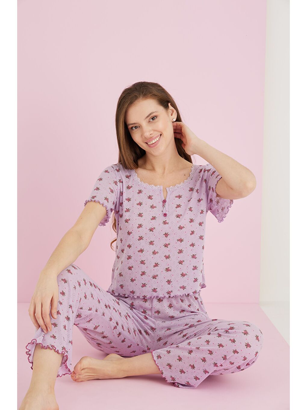 Mor Jakarlı Viskon Dantelli Pijama Takım 7081-1