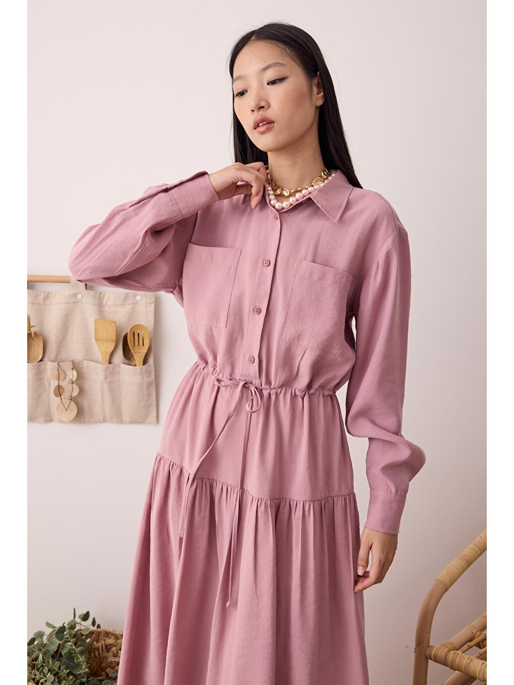 Pembe Büzgülü Modal Elbise Gül Kurusu-1