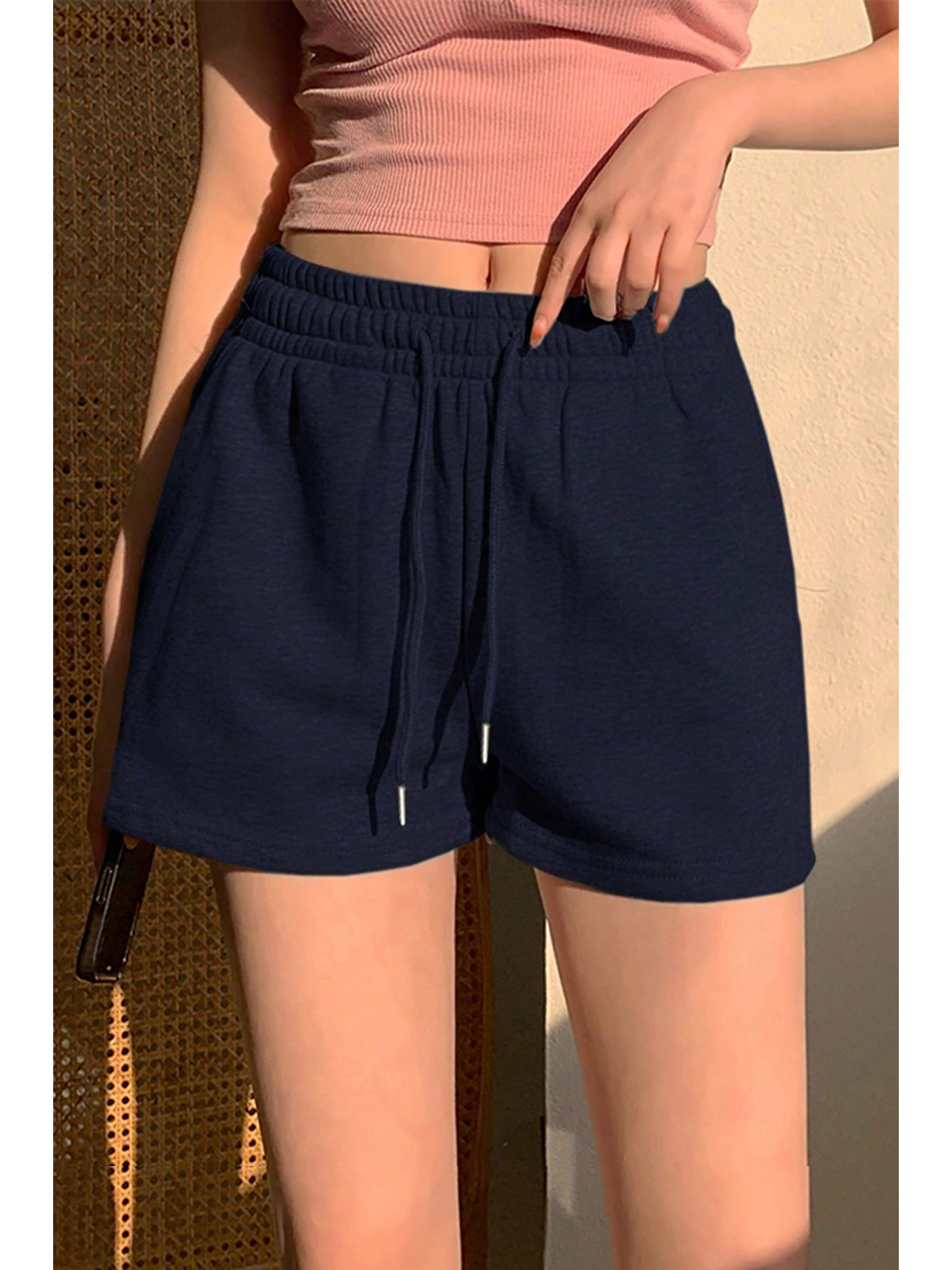 Kadın Lacivert Pamuklu İki İplik Şardonlu Yumuşacık Beli Gipe Lastikli Kısa Şort-3