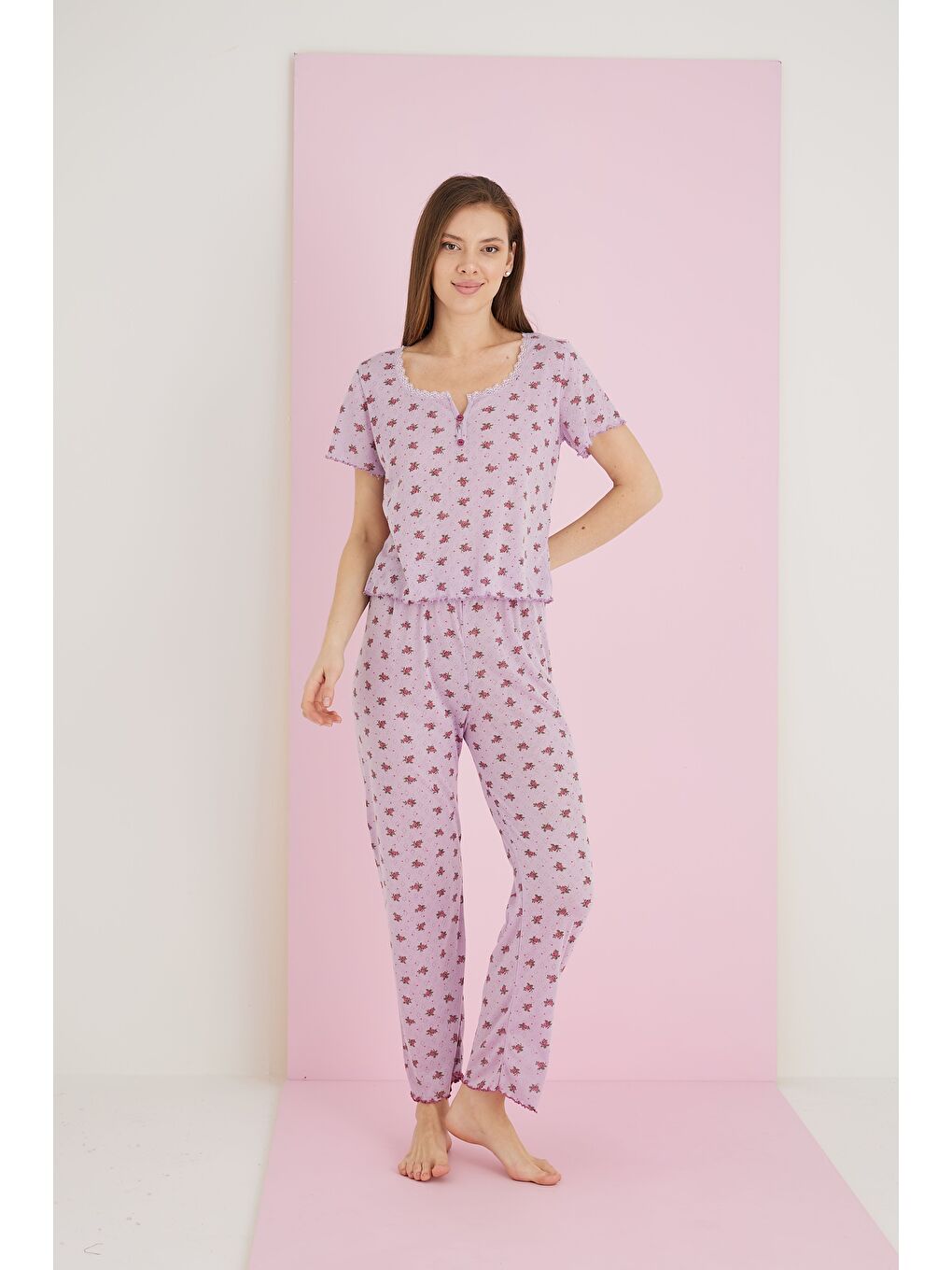 Mor Jakarlı Viskon Dantelli Pijama Takım 7081-1-1