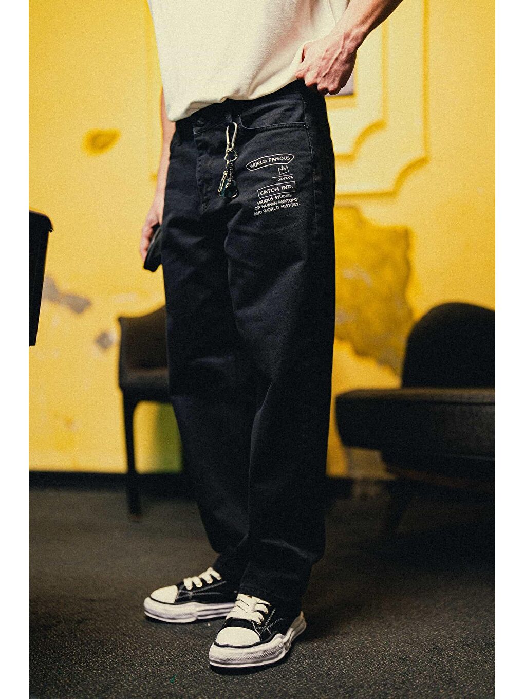 Erkek Baskılı Baggy Jean Pantolon Siyah