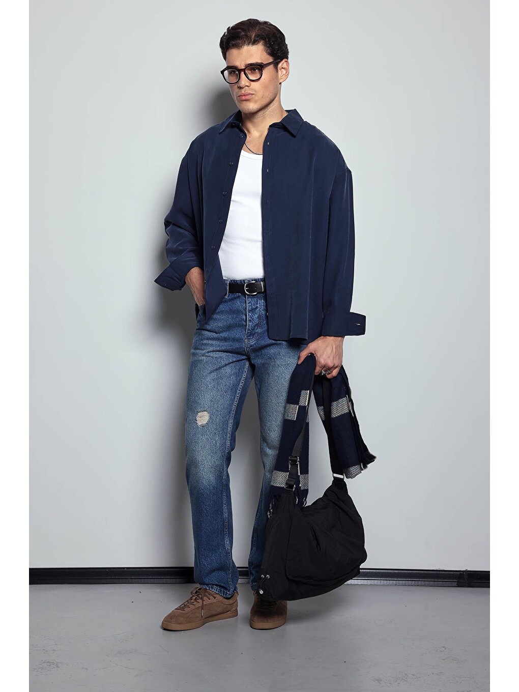 Erkek Baggy Fit Retro Jean Koyu Mavi-6