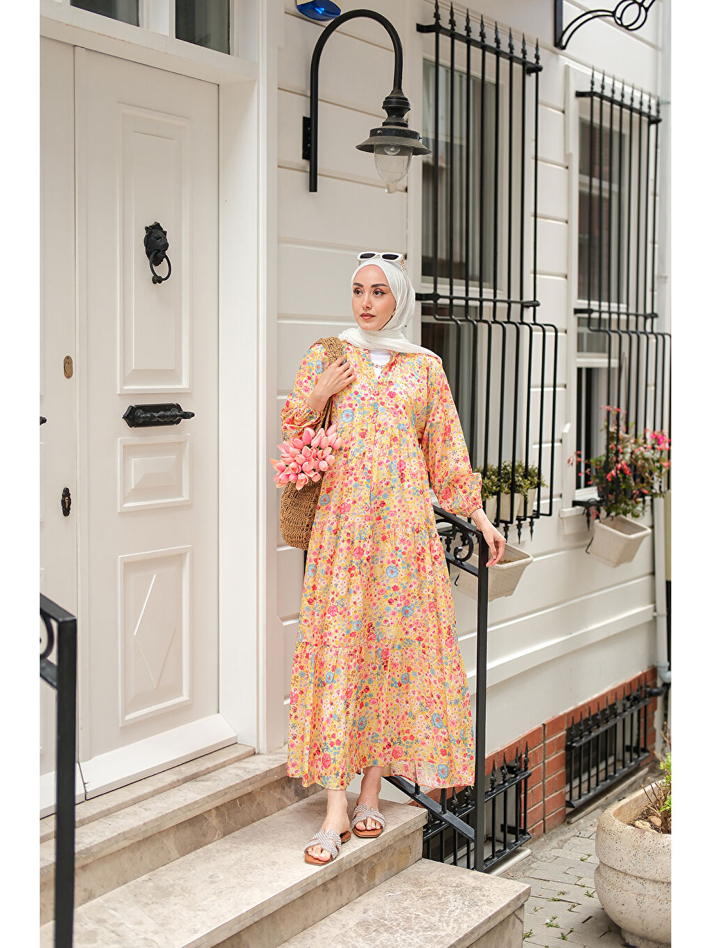 Kadın Karışık Çicek Desen Elbise Sarı-1