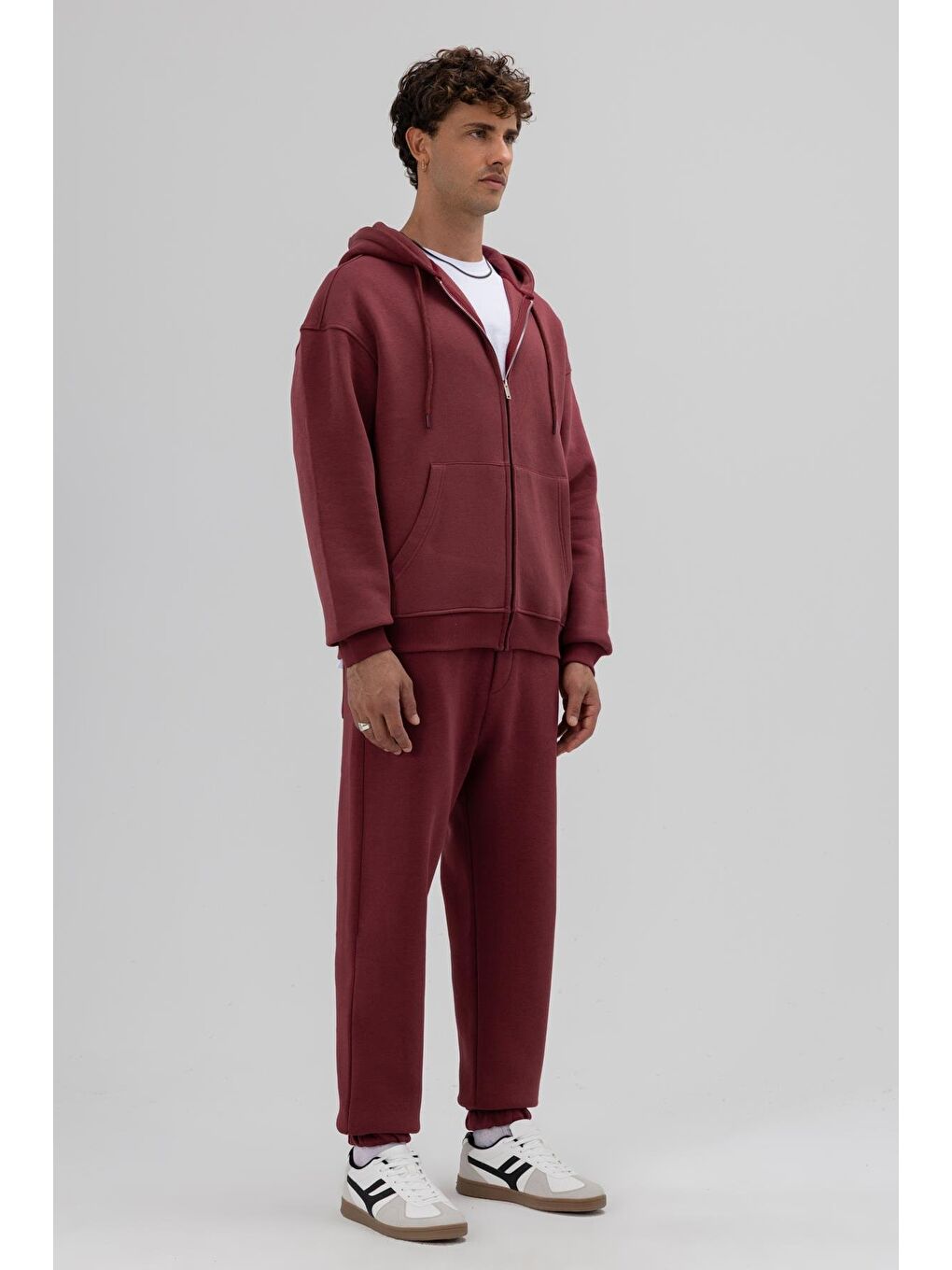 Basic Fermuarlı Oversize Kapüşonlu Sweatshirt Bordo-1