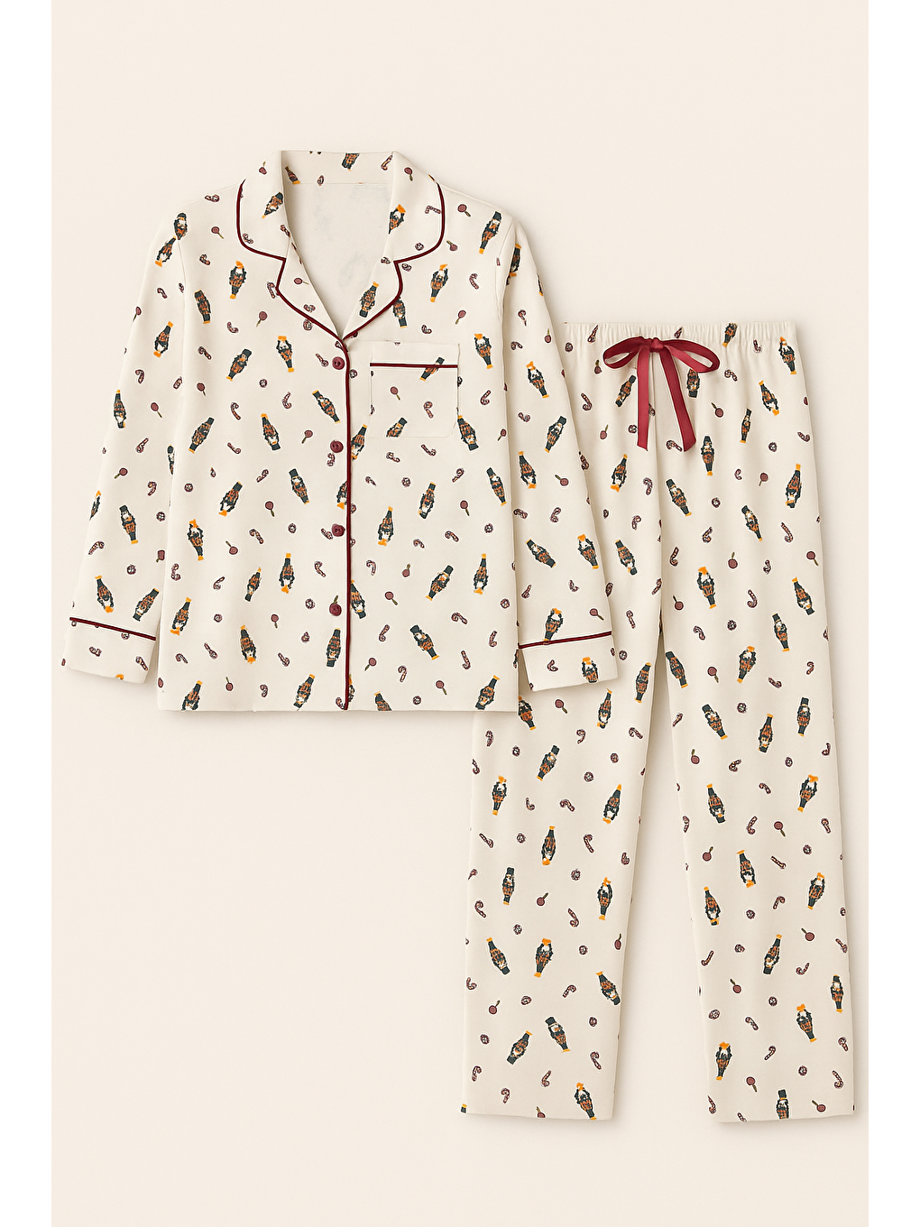 Kadın Yılbaşı Temalı Pijama Takımı Ekru-1