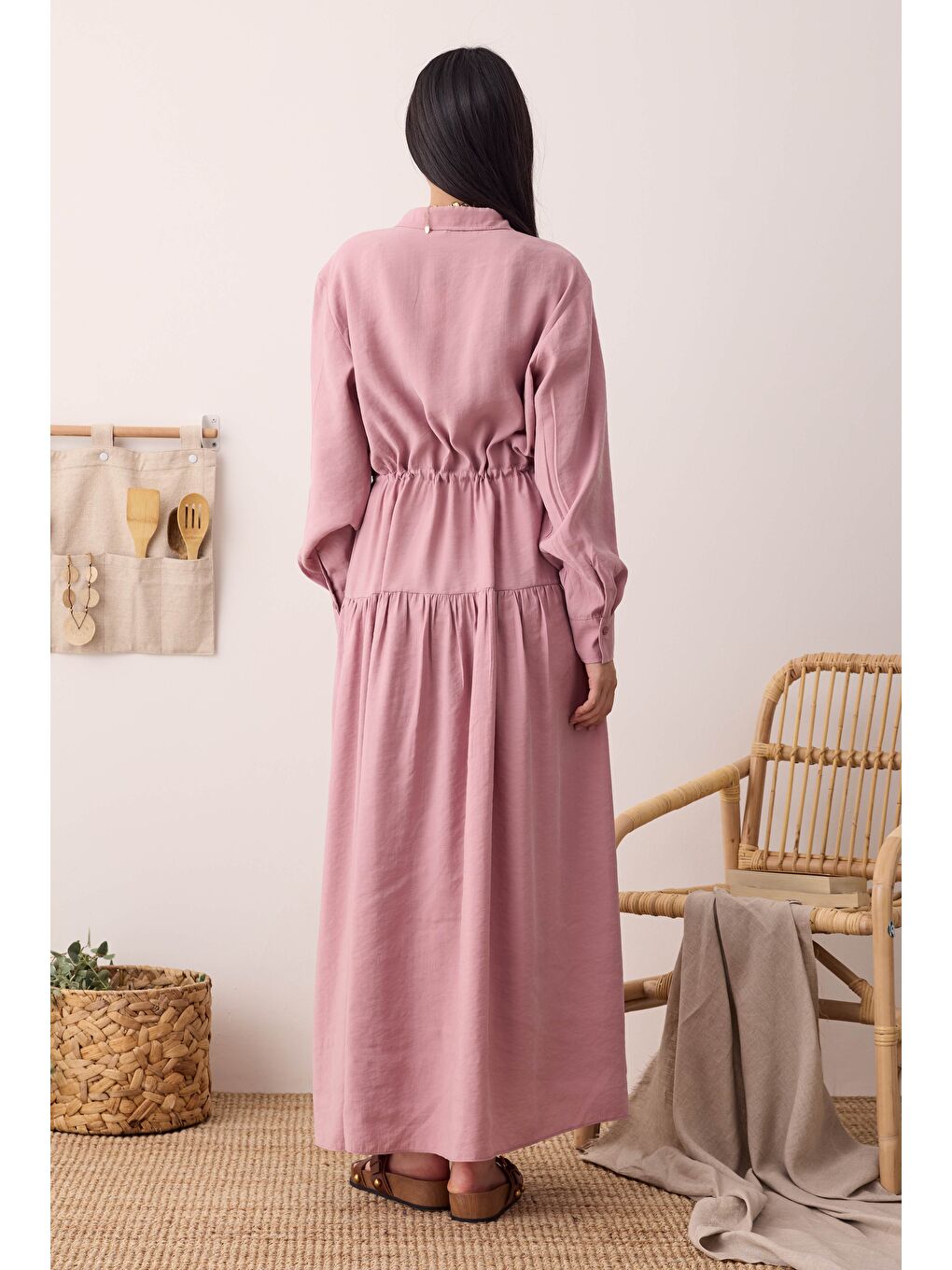 Pembe Büzgülü Modal Elbise Gül Kurusu-2