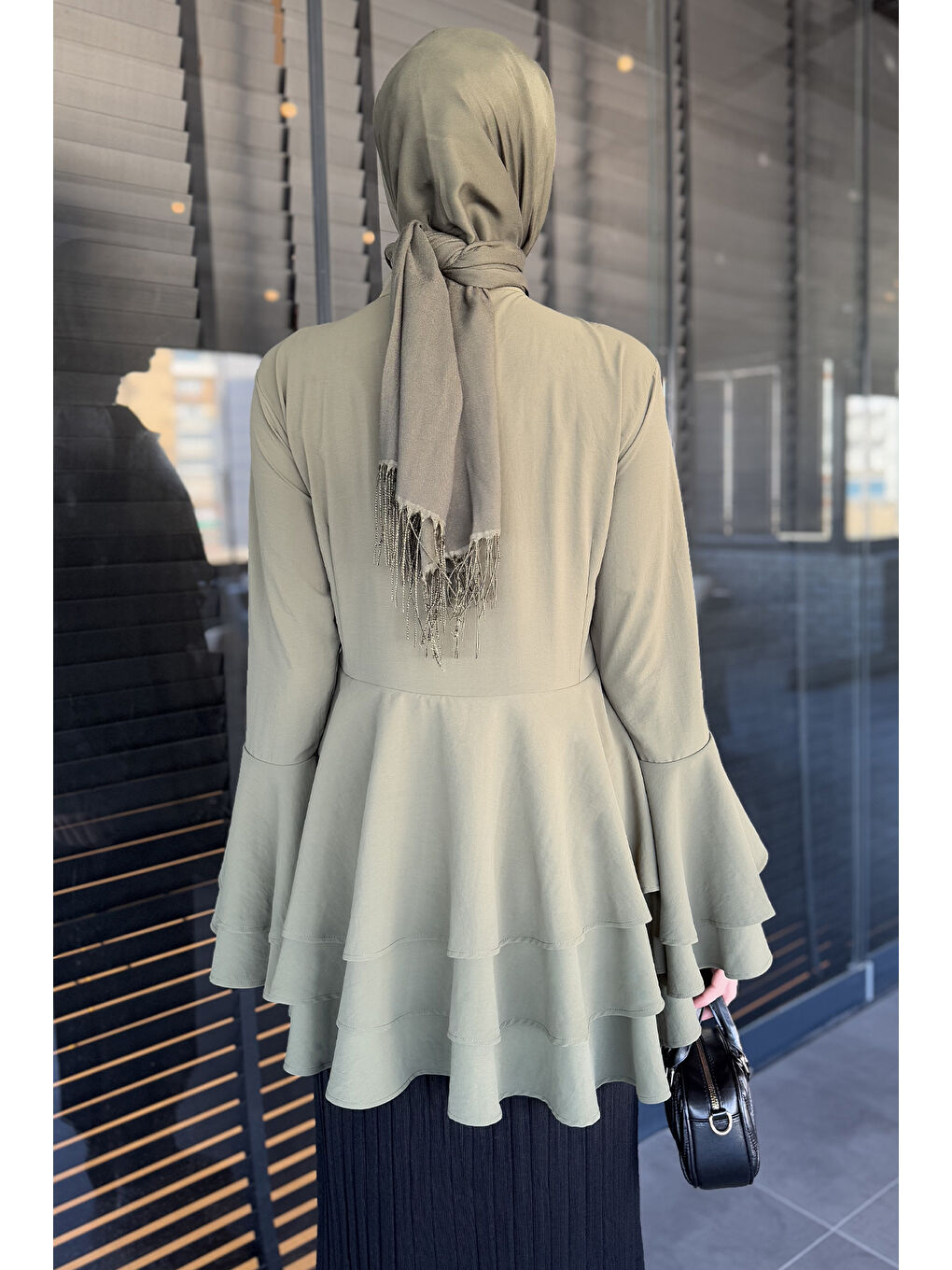 Haki Tesettür Piliseli Şifon Tunik-4