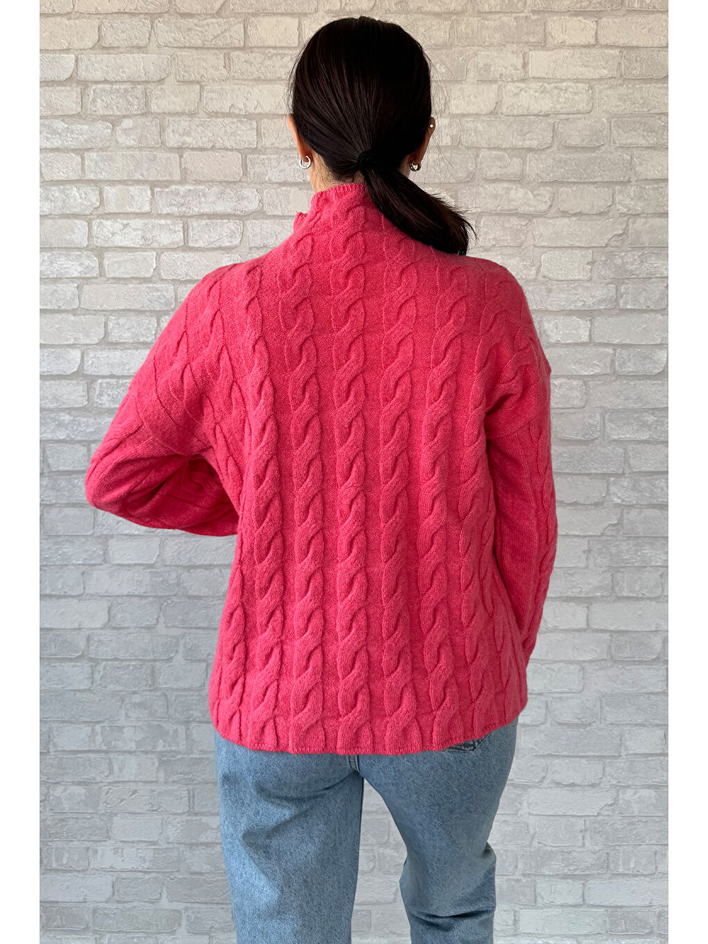 Pembe Yarım Balıkçı Yaka Desenli Kadın Triko Kazak-3