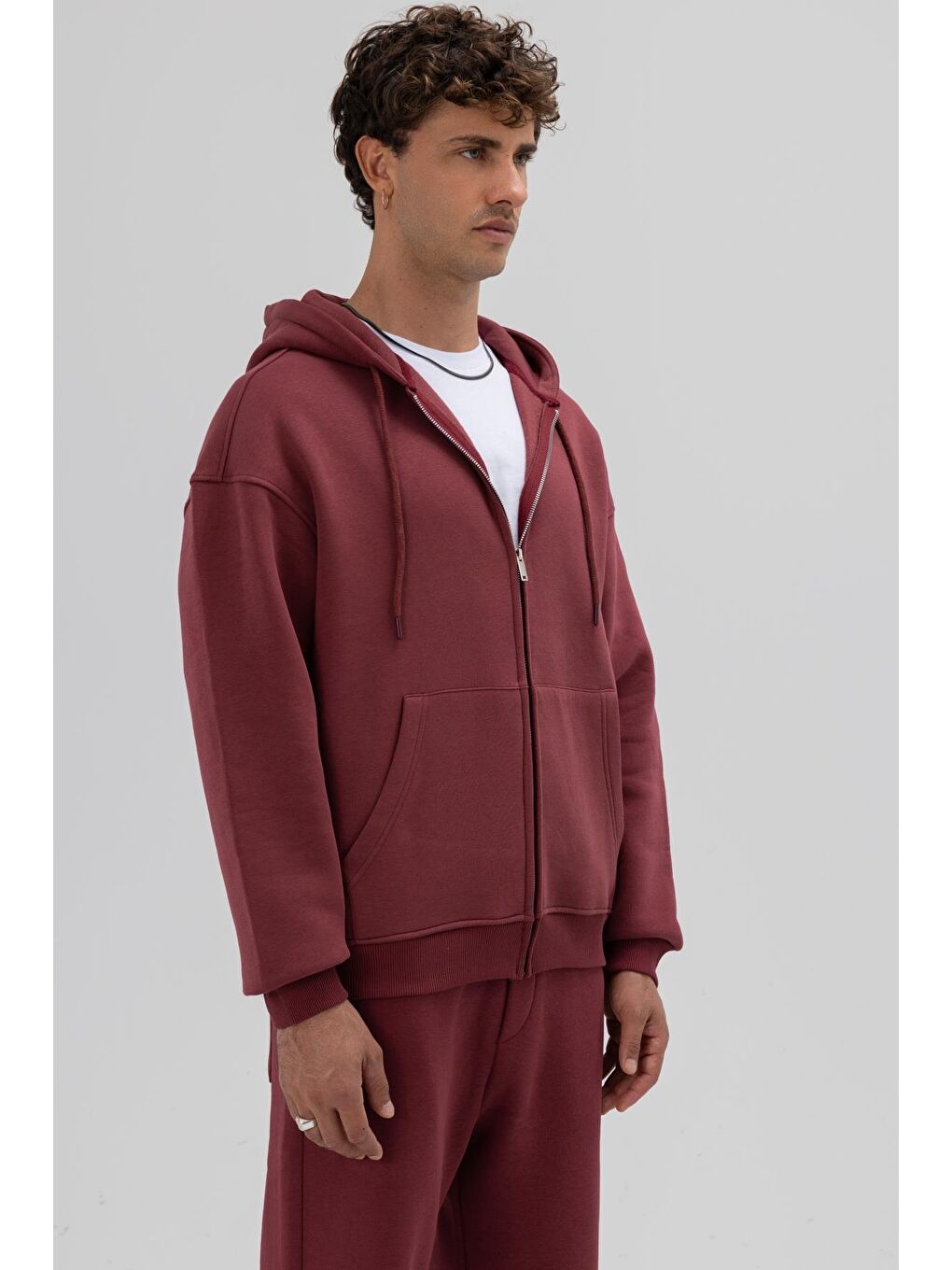 Basic Fermuarlı Oversize Kapüşonlu Sweatshirt Bordo-2