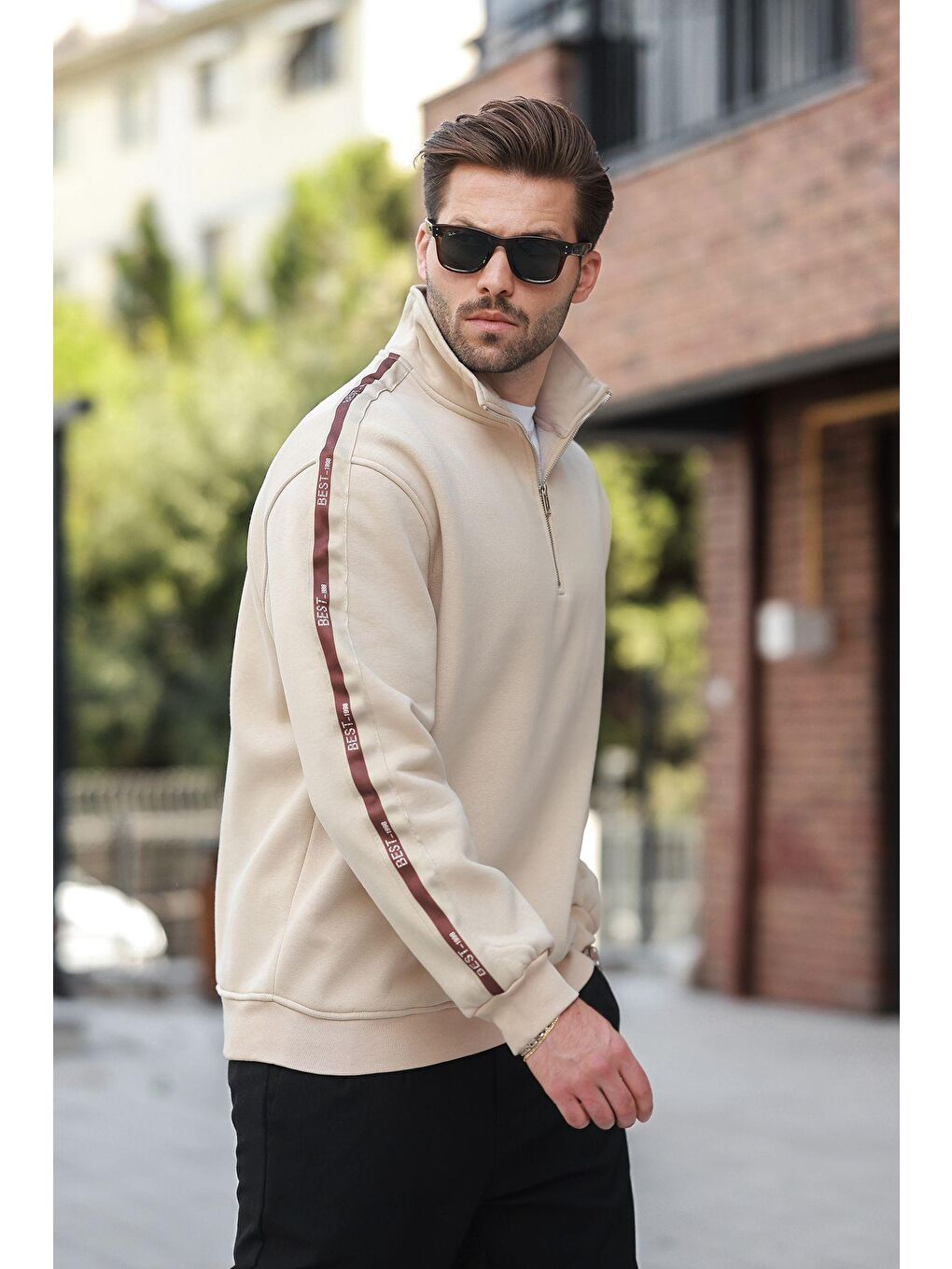 Bej Kahverengi Fermuarlı Dik Yaka Erkek Sweatshirt E7164-2