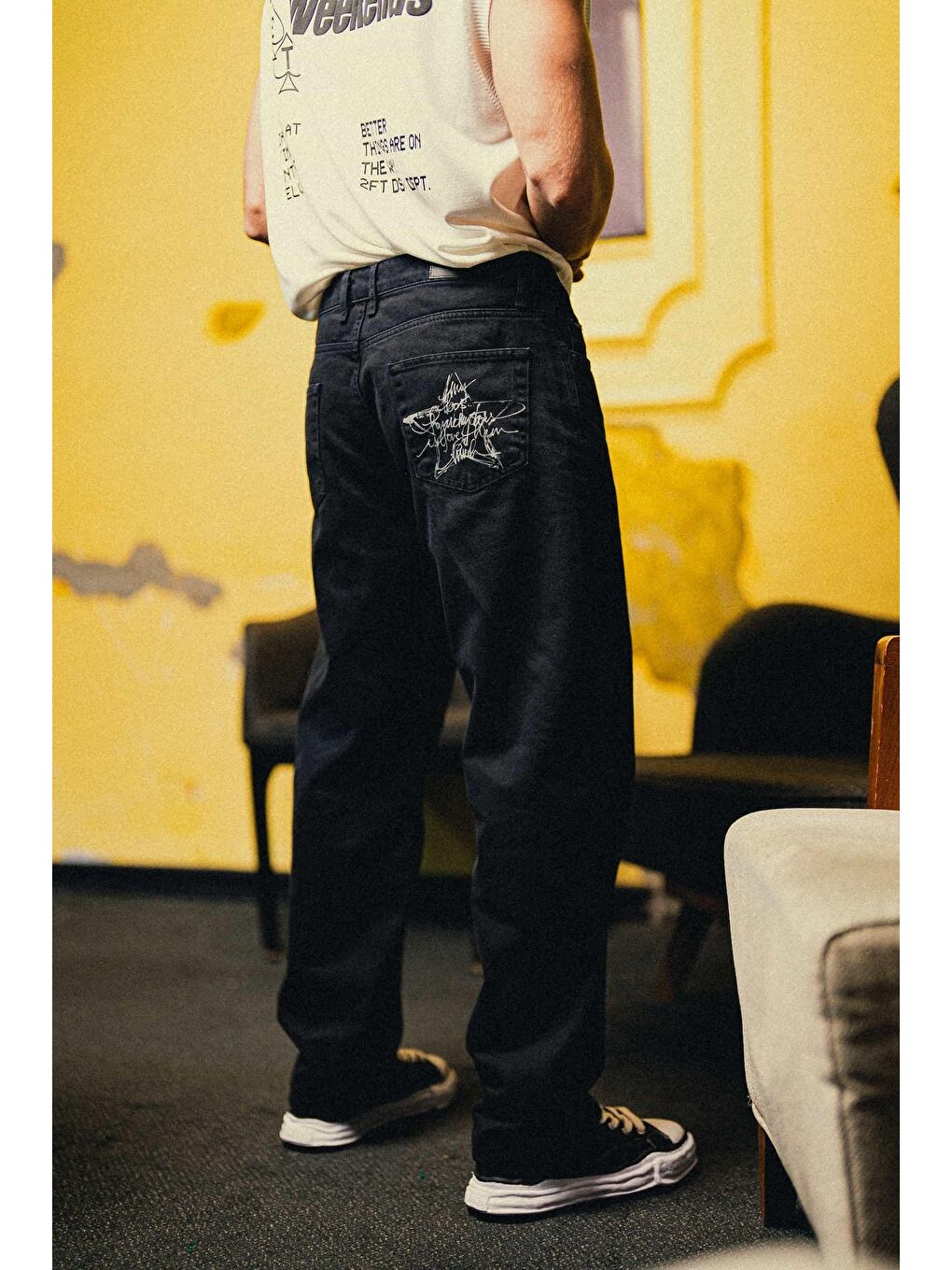 Erkek Baskılı Baggy Jean Pantolon Siyah-2