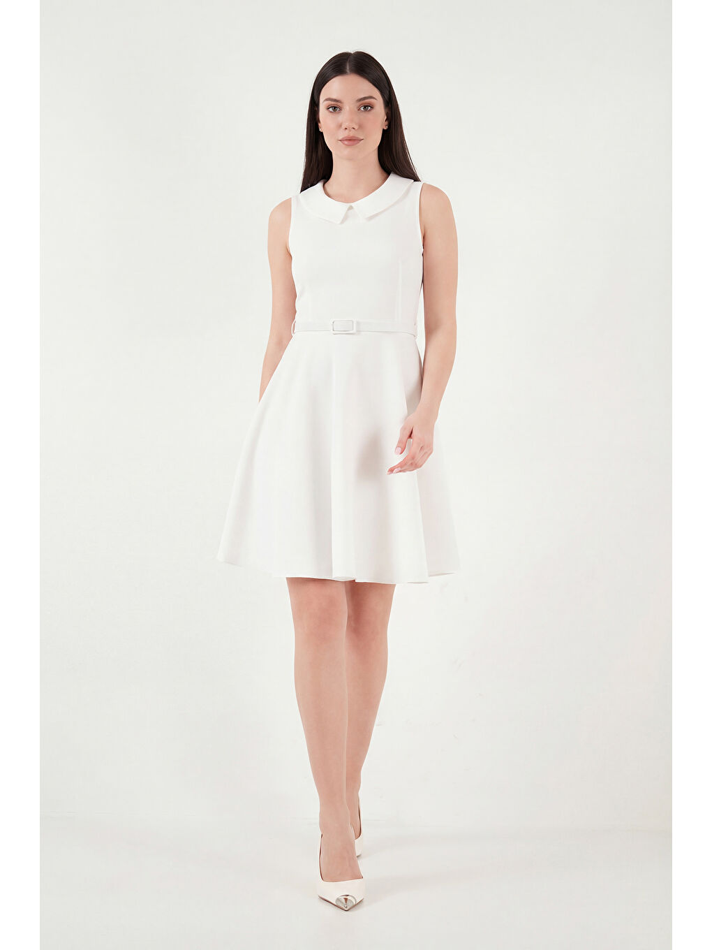Ekru A Kesim Regular Fit Yaka ve Kemer Detaylı Mini Davet Elbise 6525740-2