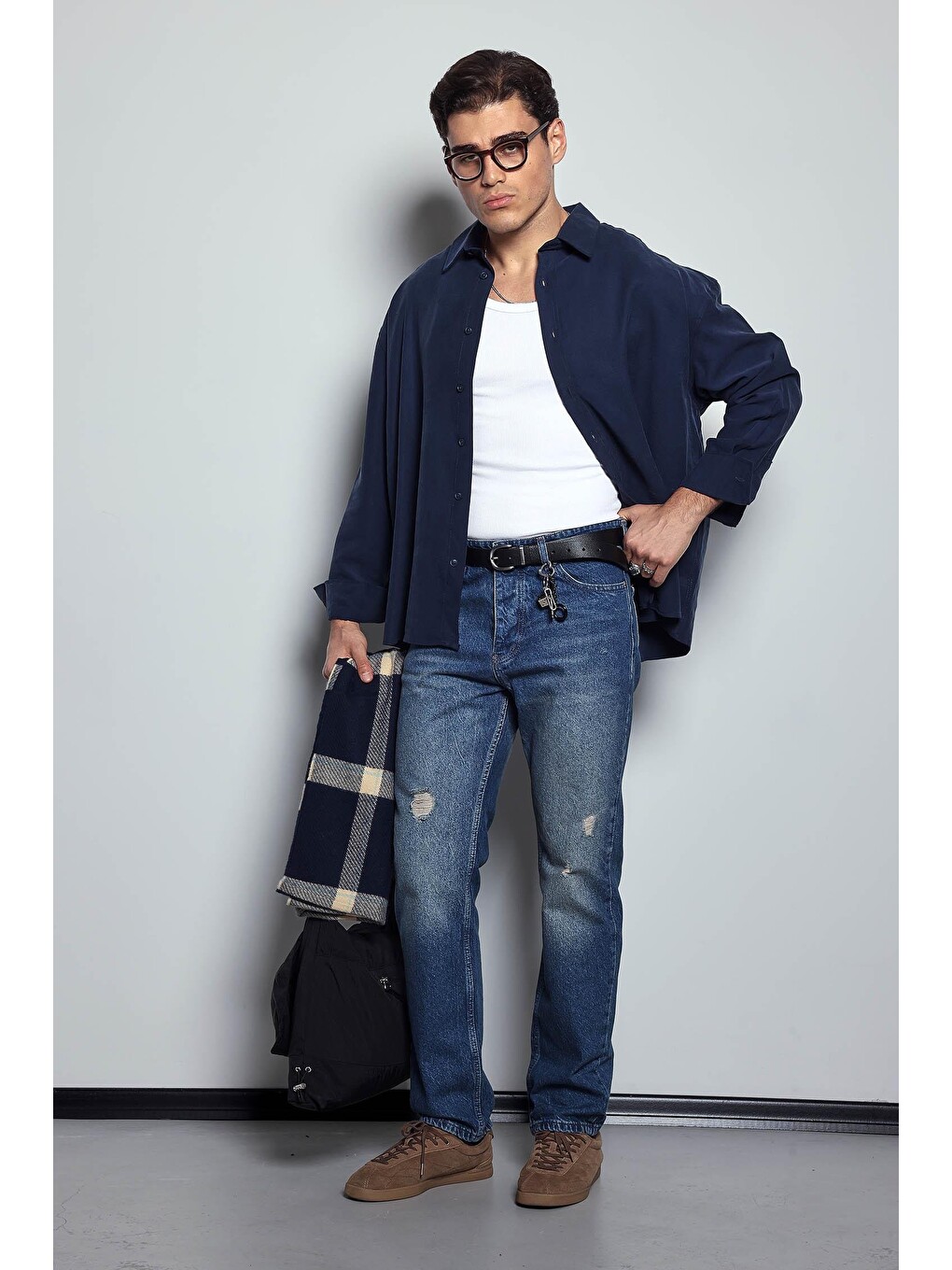 Erkek Baggy Fit Retro Jean Koyu Mavi-7