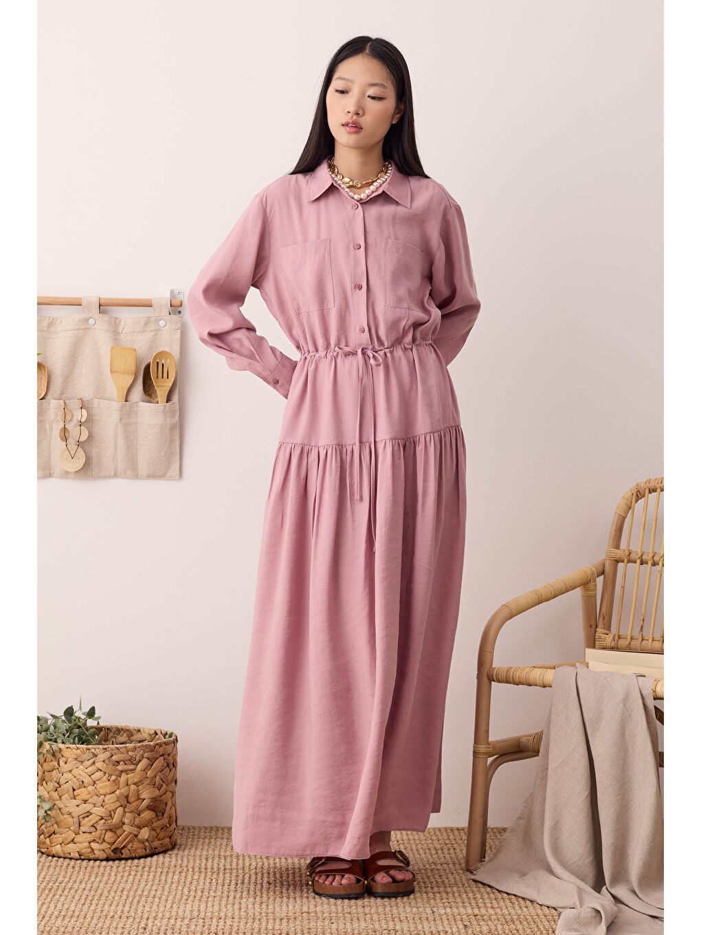 Pembe Büzgülü Modal Elbise Gül Kurusu-3