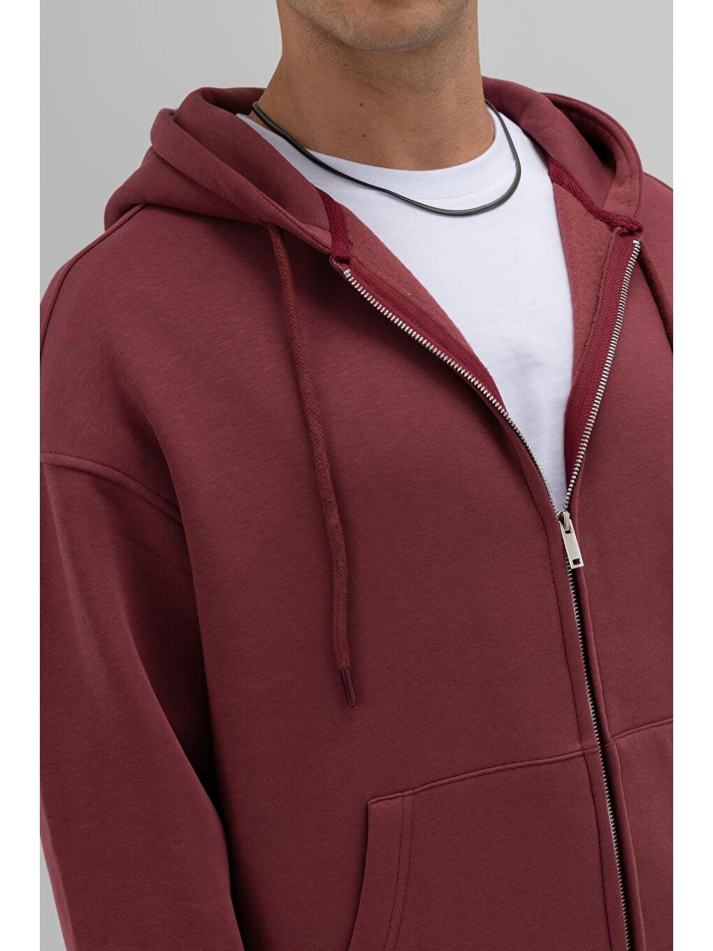 Basic Fermuarlı Oversize Kapüşonlu Sweatshirt Bordo-3
