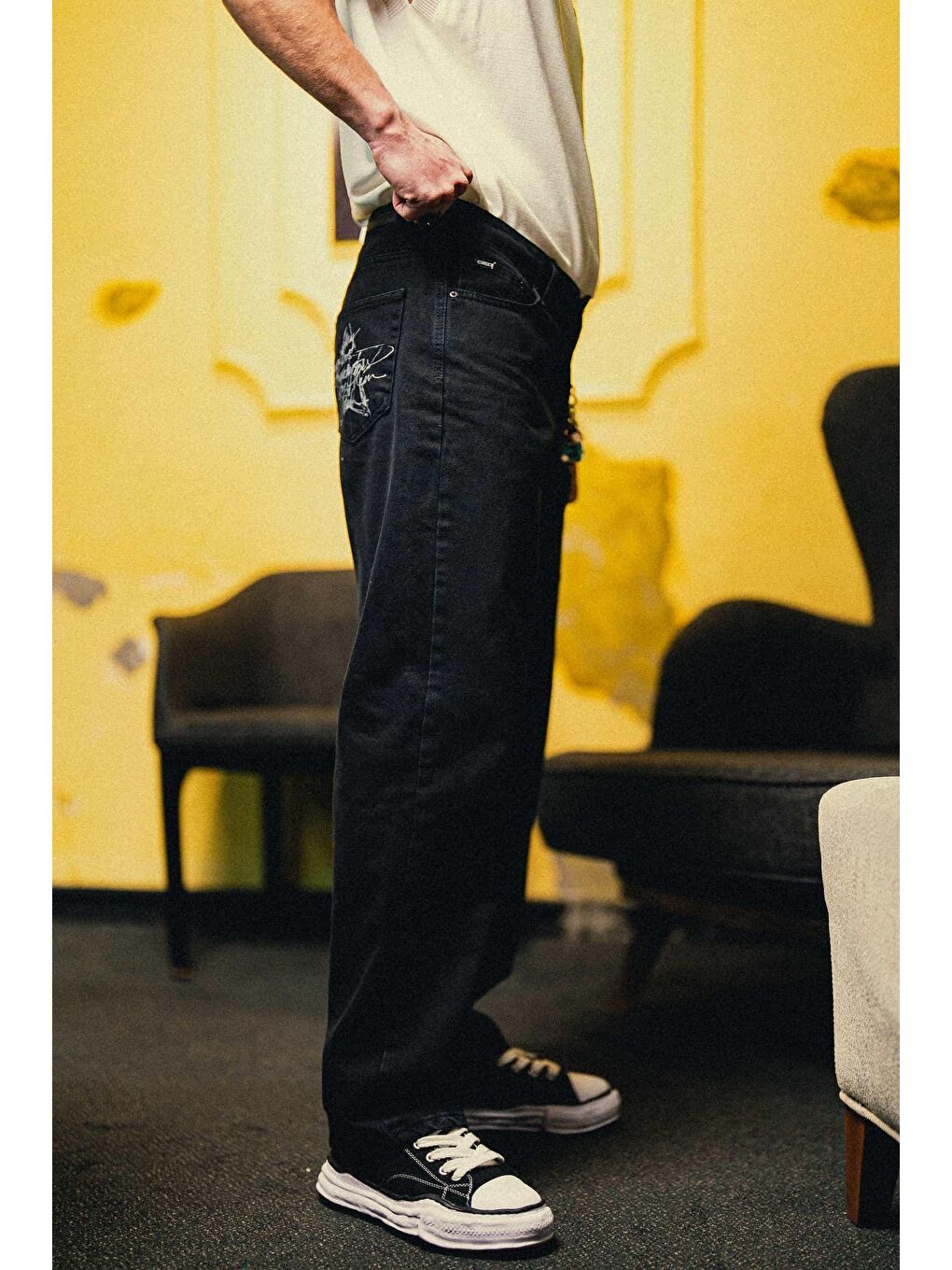 Erkek Baskılı Baggy Jean Pantolon Siyah-3