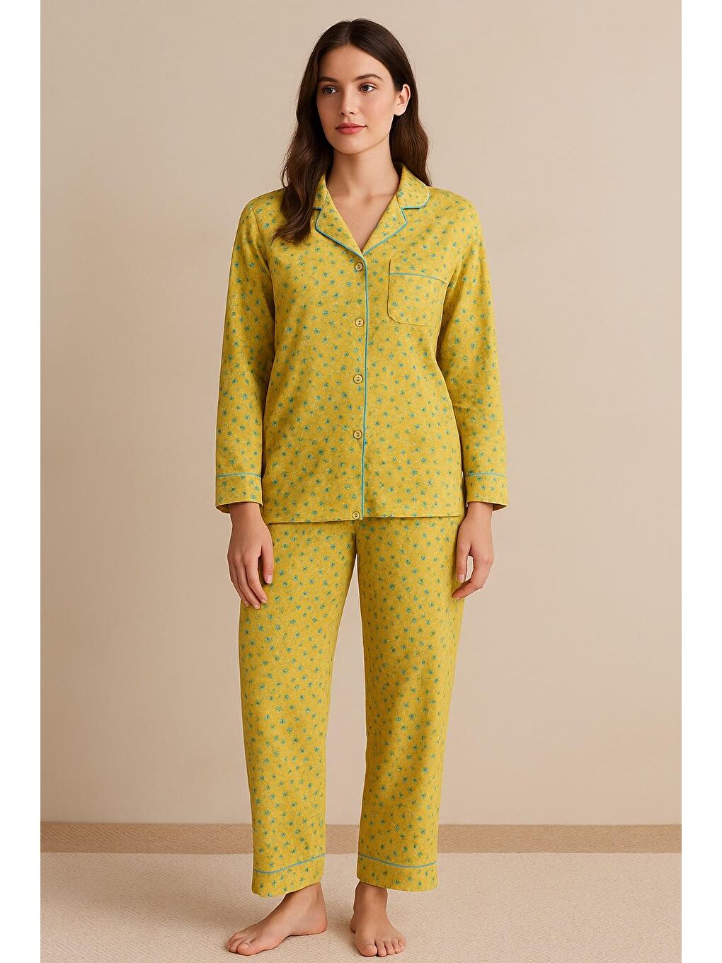 Sarı Kadın Çiçekli Pijama Takımı Hardal