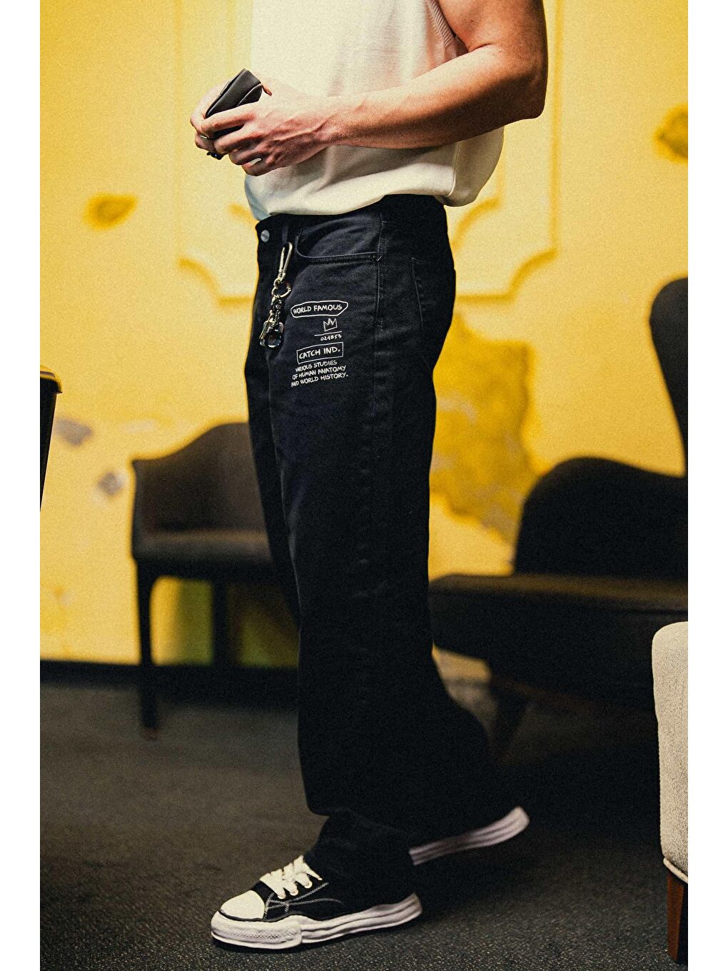 Erkek Baskılı Baggy Jean Pantolon Siyah-4