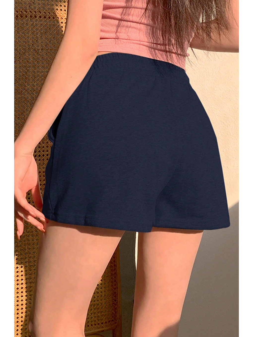 Kadın Lacivert Pamuklu İki İplik Şardonlu Yumuşacık Beli Gipe Lastikli Kısa Şort-5