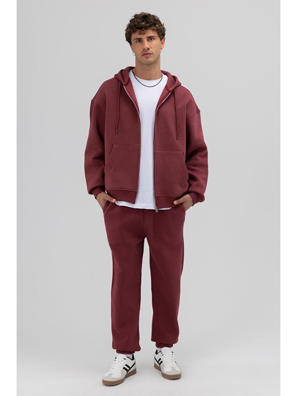Basic Fermuarlı Oversize Kapüşonlu Sweatshirt Bordo-5