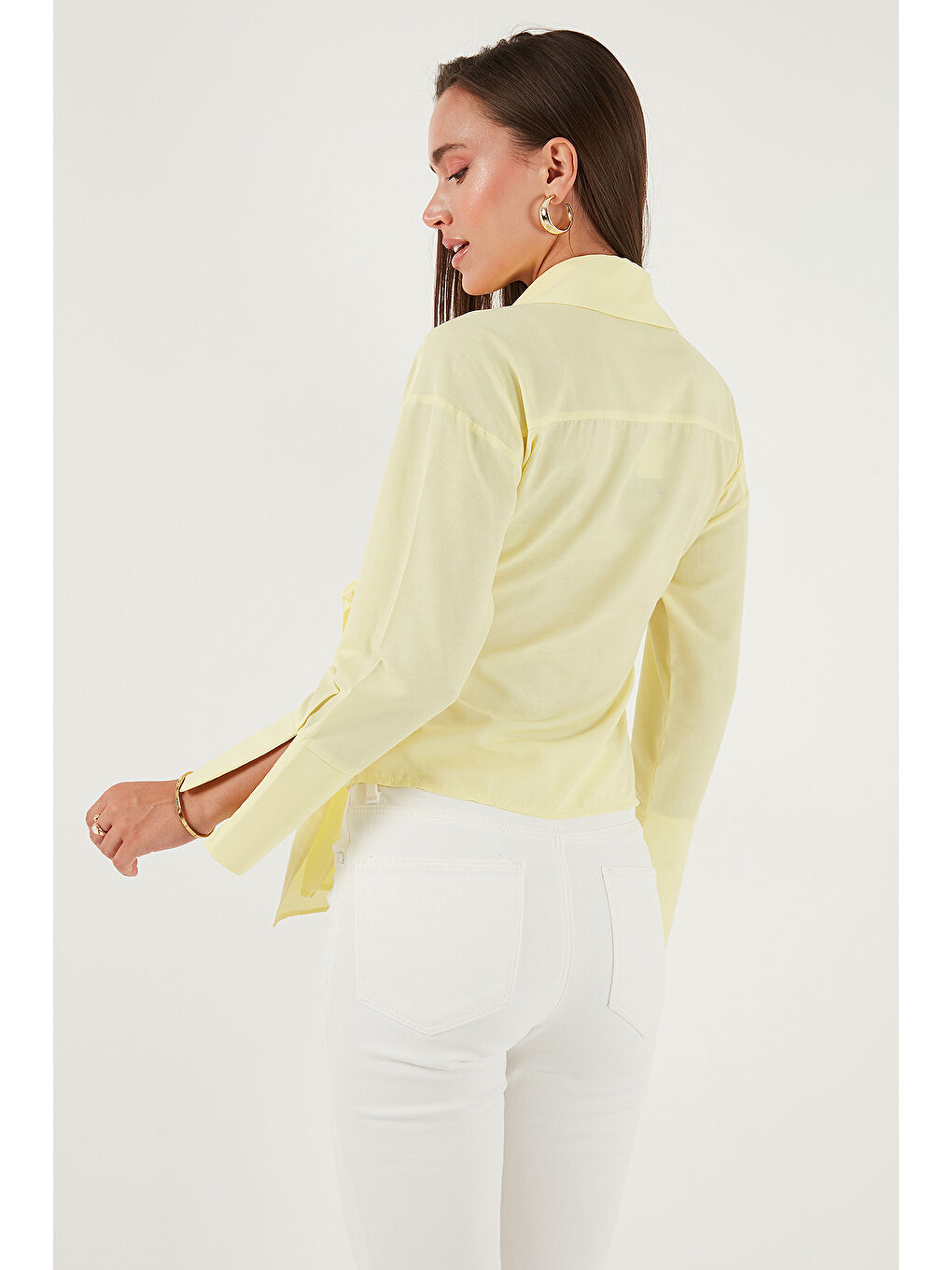 Sarı Pamuklu Regular Fit Uzun Kollu Bağlama Detaylı Gömlek 65200538-5