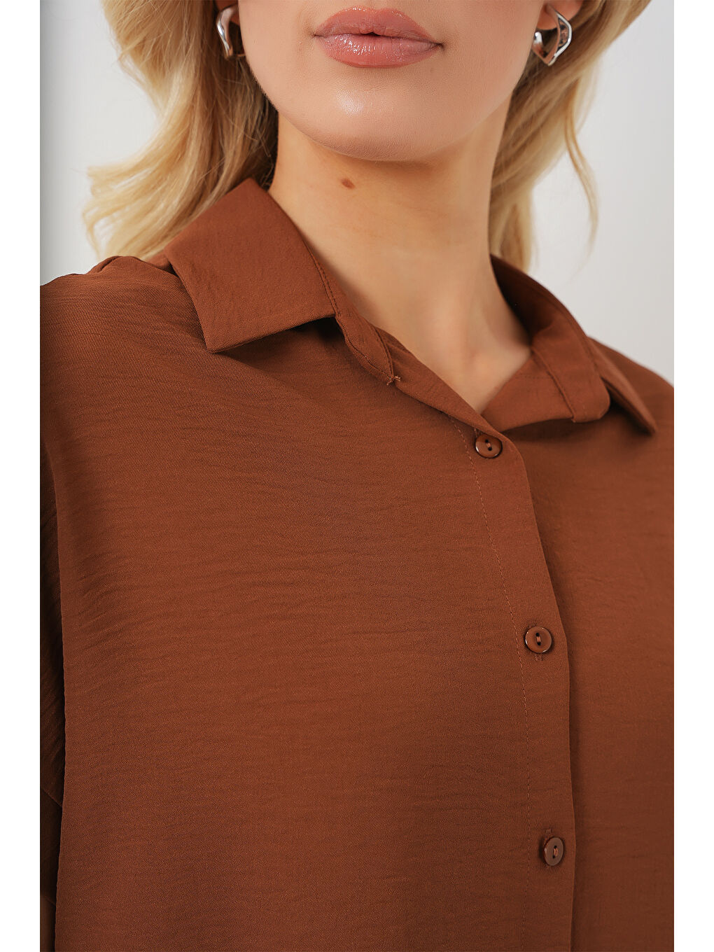 Kahverengi Kadın Oversize Kısa Kol Gömlek 20322 - Taba-4