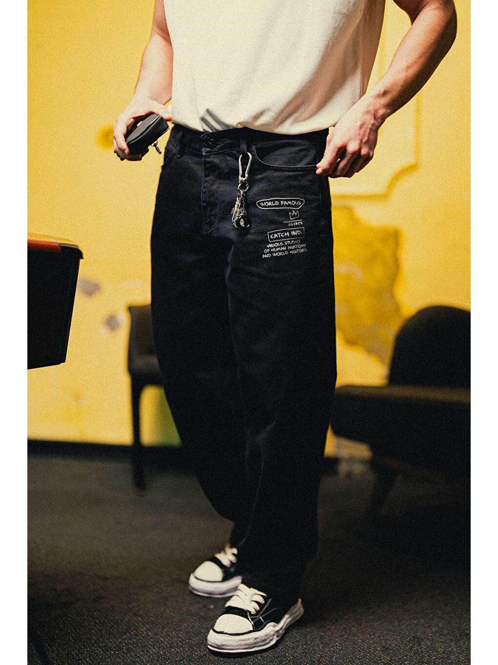 Erkek Baskılı Baggy Jean Pantolon Siyah-5