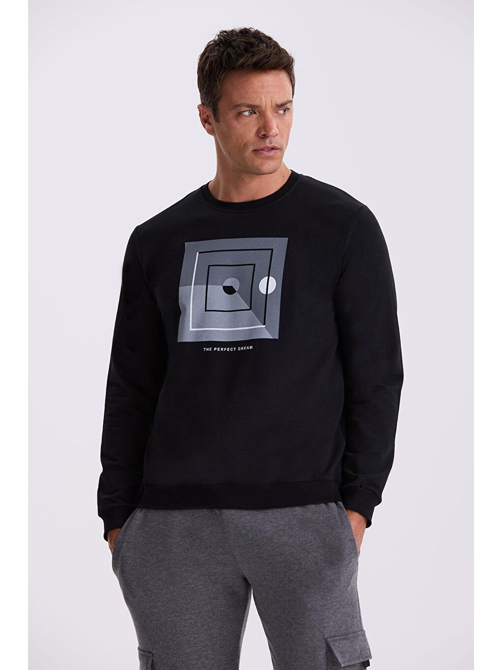 Siyah Slim Fit Bisiklet Yaka Baskılı %100 Pamuk Sweatshirt