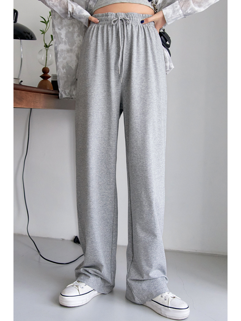 Gri Bağcıklı Bel Düz Paça Eşofman Altı, Kadın Eşofman Altı